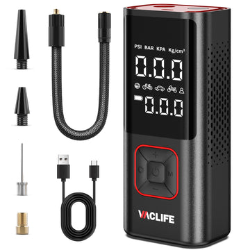 VacLife 150 Psi Cordless Tire Inflator Portable Compressor, Quick Inflation, Auto Shutoff, LED Light, Accs, Red